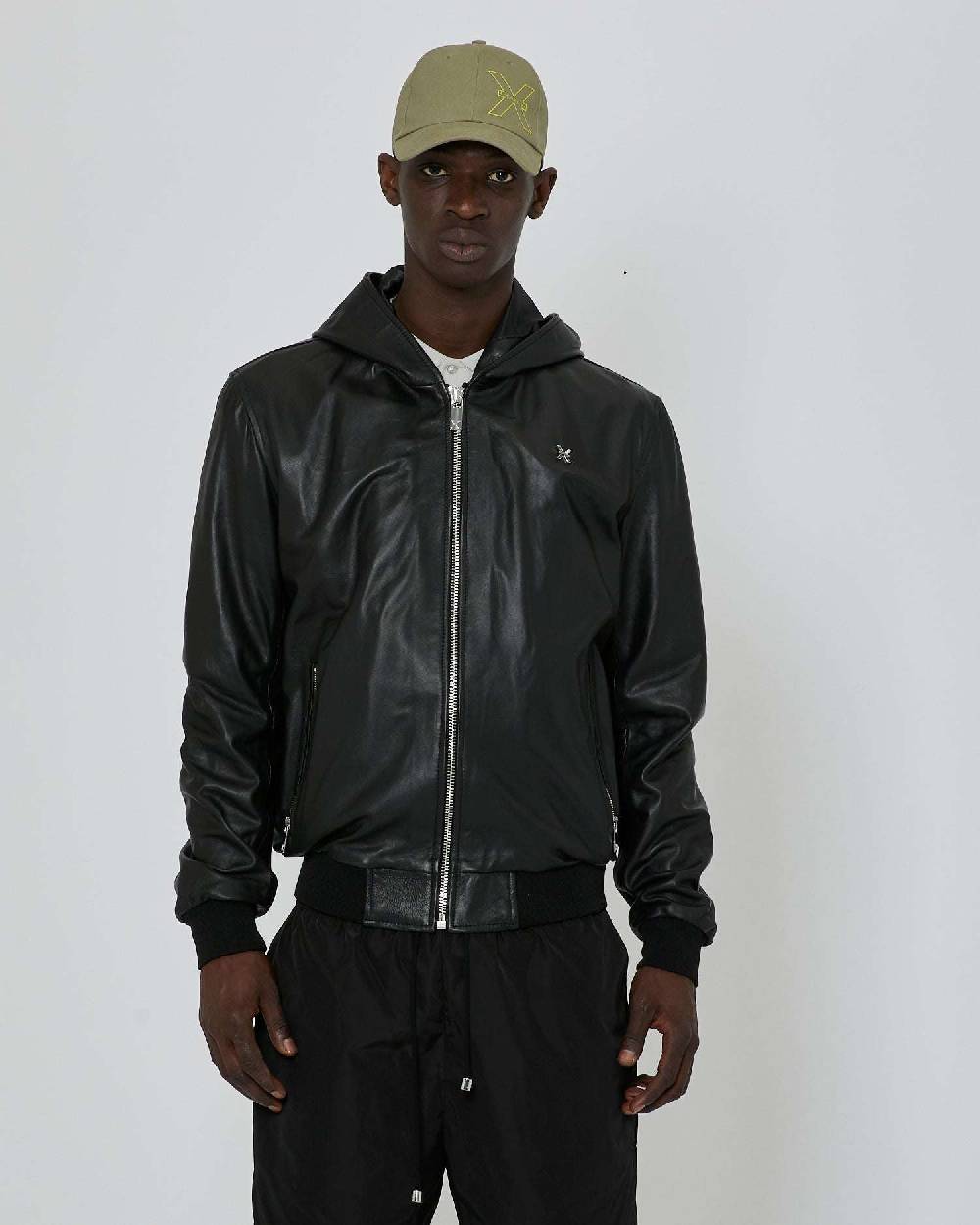 John Richmond Bomber in pelle con cappuccio Qualità