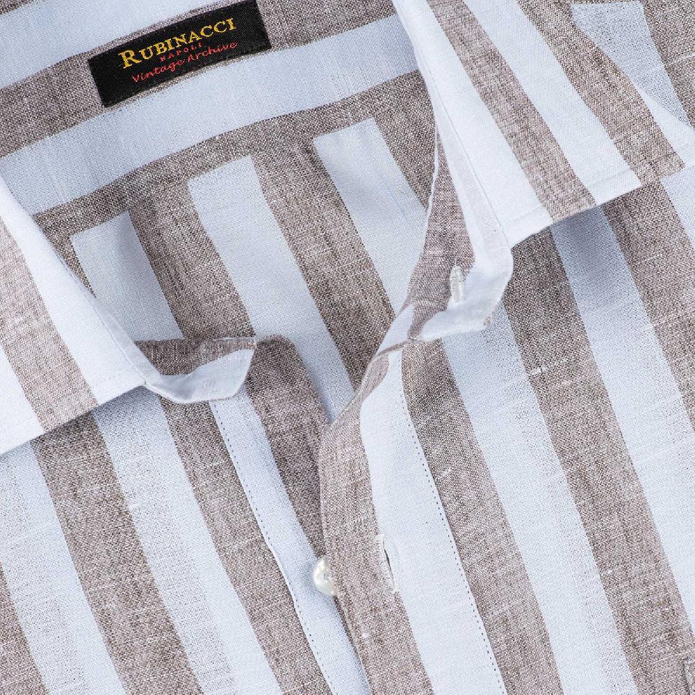 Rubinacci Polo in lino rigato nocciola In Linea