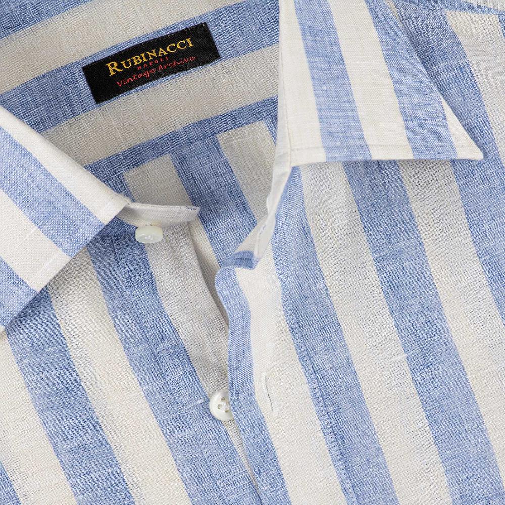 Rubinacci Polo in lino rigato azzurro Nuovo