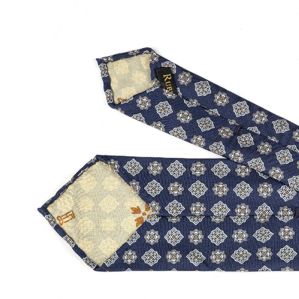 Rubinacci Cravatta in twill di seta con stampa geometrica blu Sottocosto