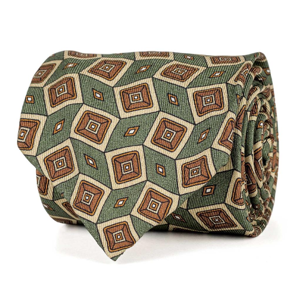 Rubinacci Cravatta in twill di seta verde con stampa geometrica Economico
