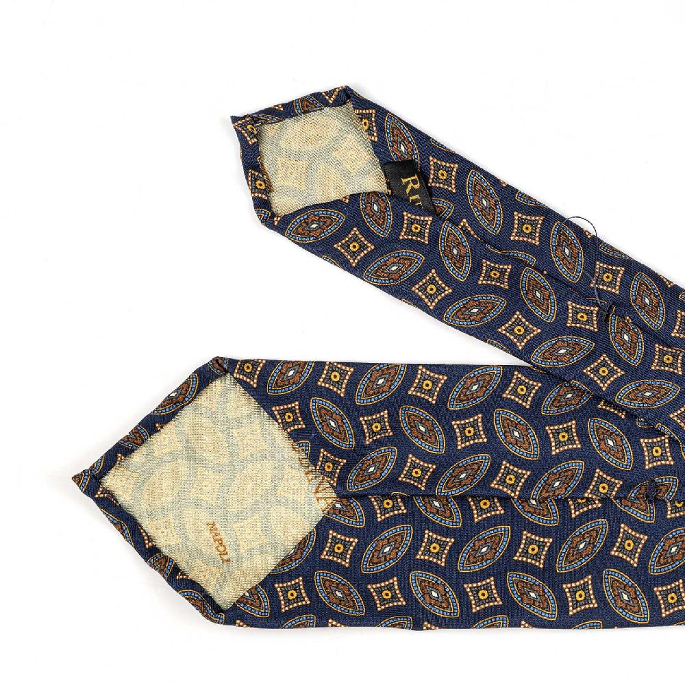Rubinacci Cravatta in twill di seta con stampa geometrica blu Vendita Calda
