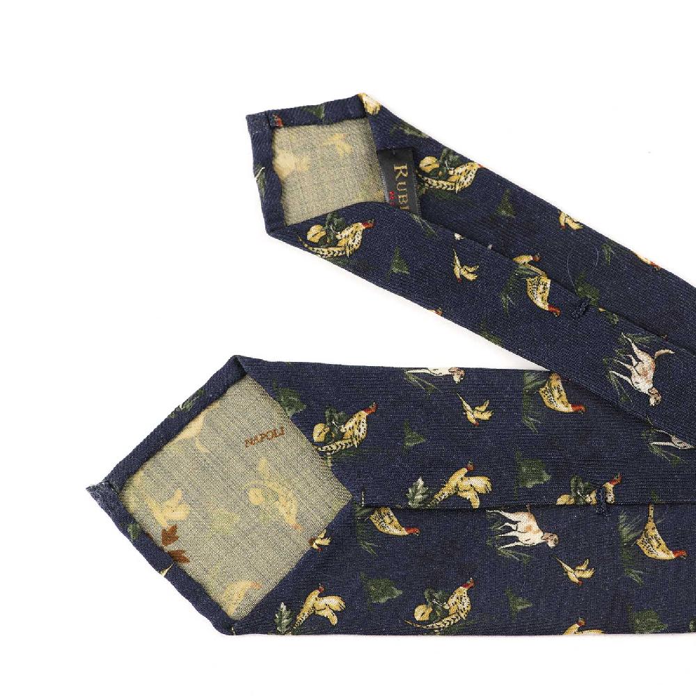 Rubinacci Cravatta in twill di lana blu con stampa cane Qualità