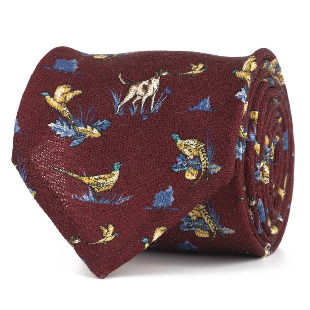 Rubinacci Cravatta in twill di lana bordeaux con stampa cane Vendita