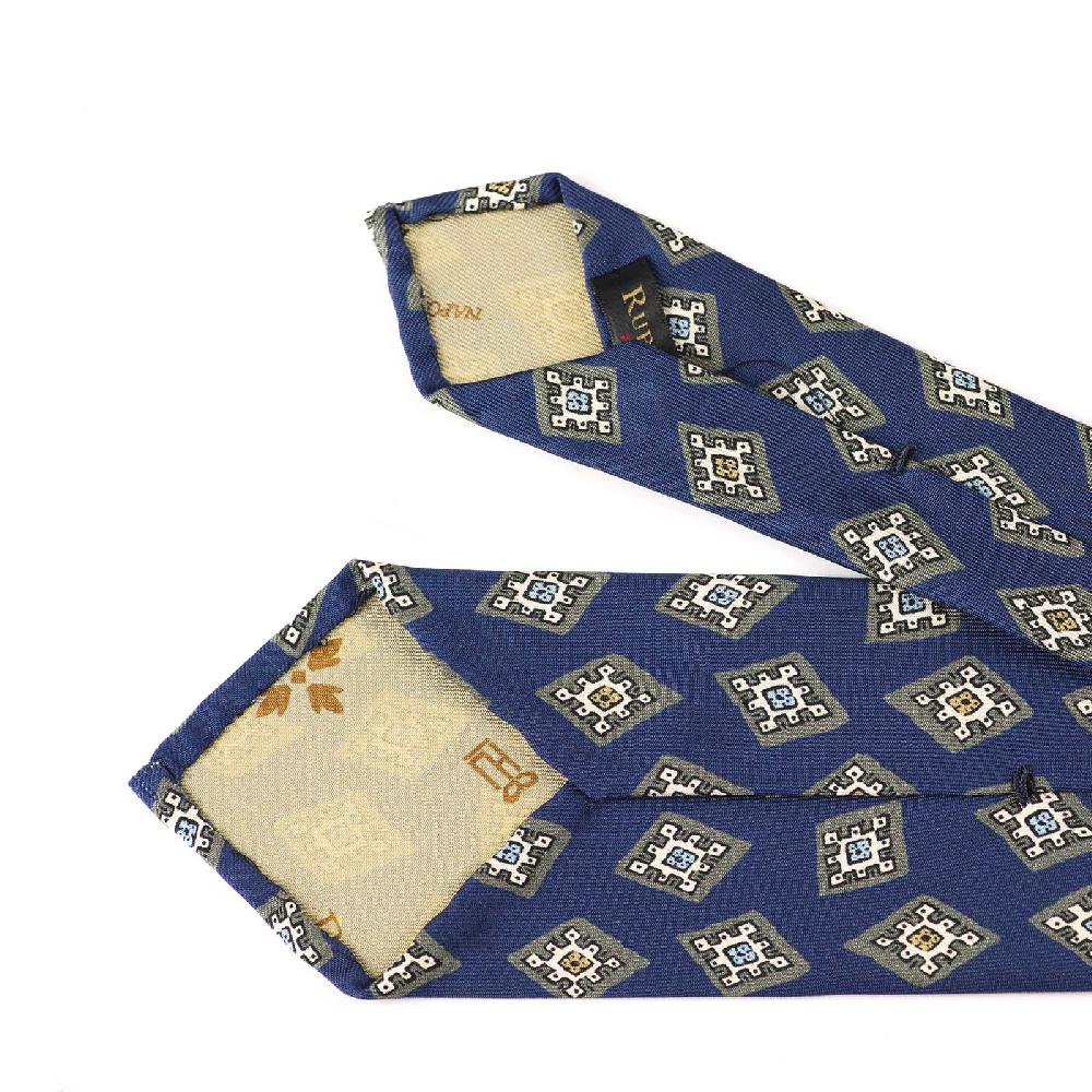 Rubinacci Cravatta in twill di seta bluette con stampa geometrica Presa